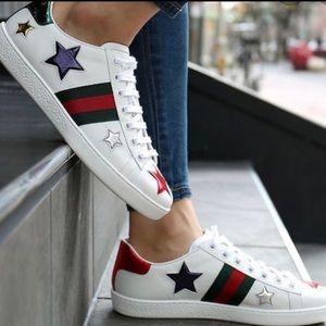 GUCCI "Ace" Leather Metallic Star Low-Top Sneakers